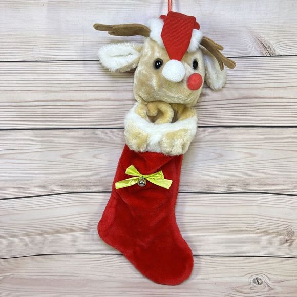 VTG Christmas Stocking 19” Rudolph Red-Nosed Reindeer Head Plush Santa Hat Bell - Picture 5 of 12